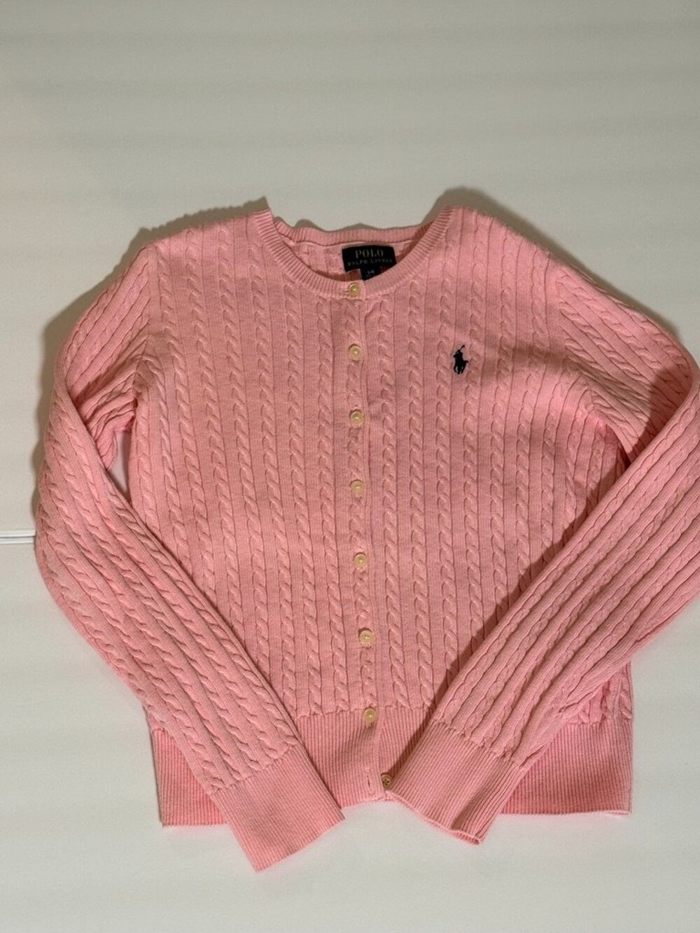 Polo Ralph Lauren Girls L 12-14 Pink Cable Knit Cardigan Sweater